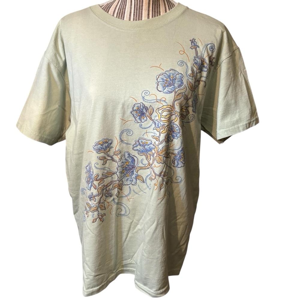 Jerzees Tee Large Light Sage Green Floral Graphic Blue Gold Glitter Cotton Poly